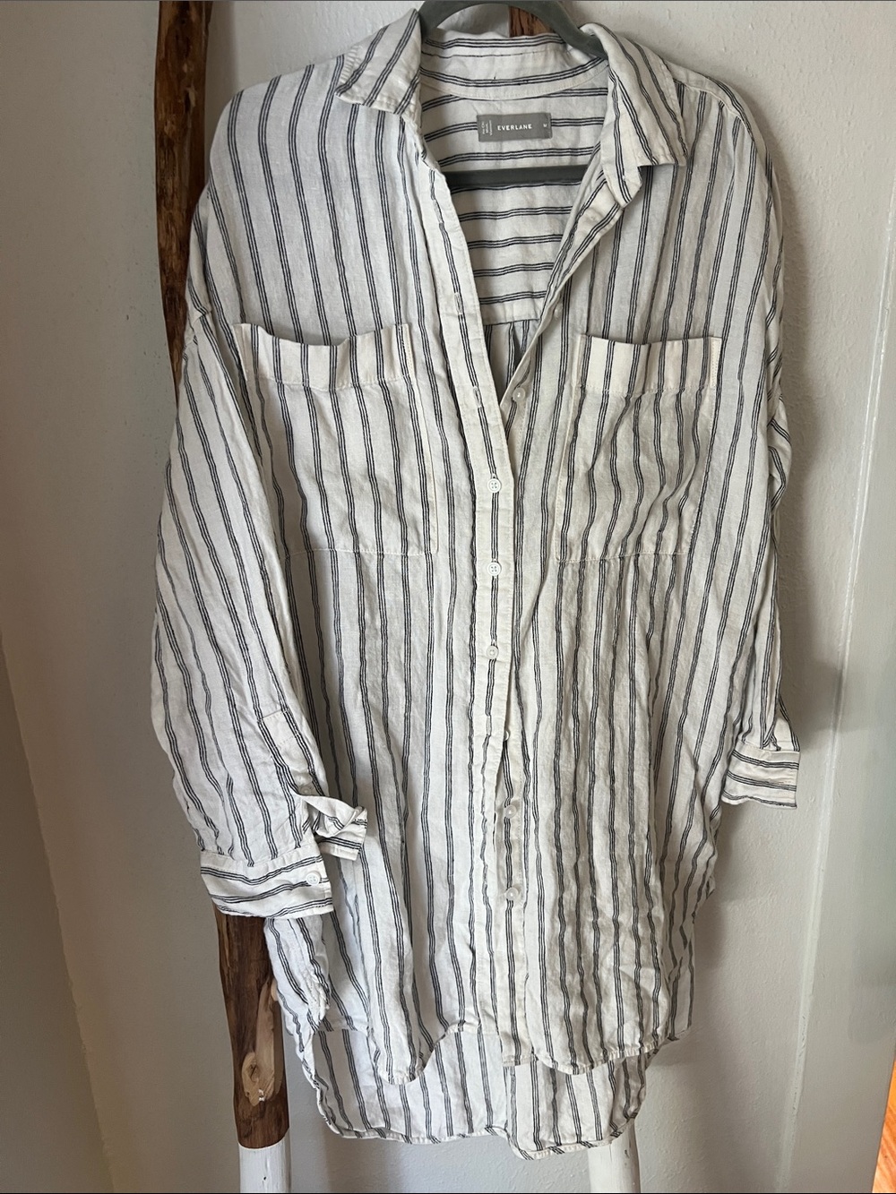 Everlane Oversized White & Gray Black Vertical Stripe Button-Down Linen Shirt M - Picture 7 of 7